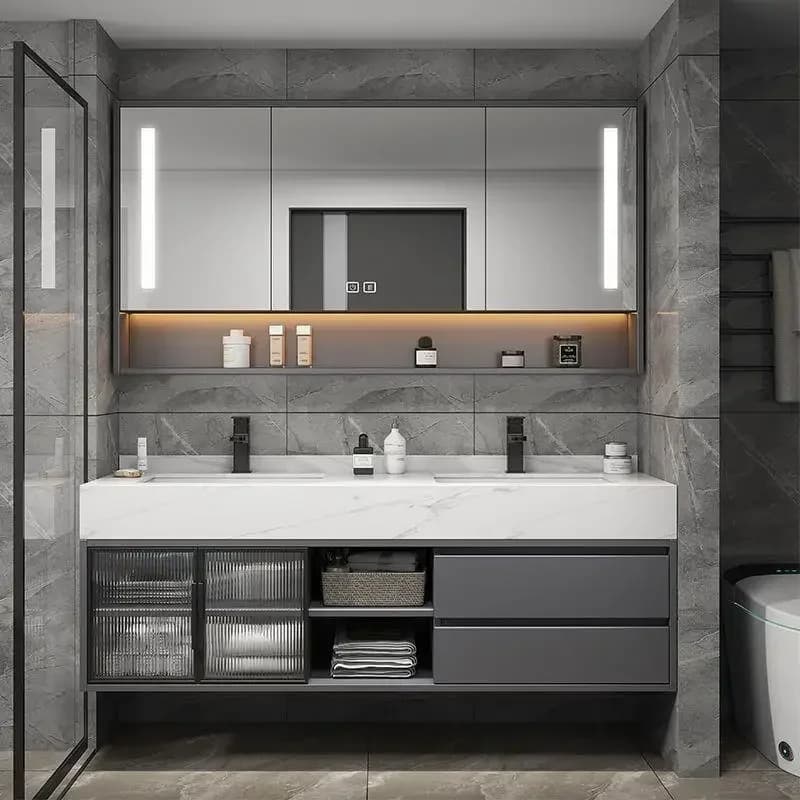 Mobile da Bagno di Lusso con Specchio e Doppio Lavabo Integrato in Ceramica Effetto Ardesia