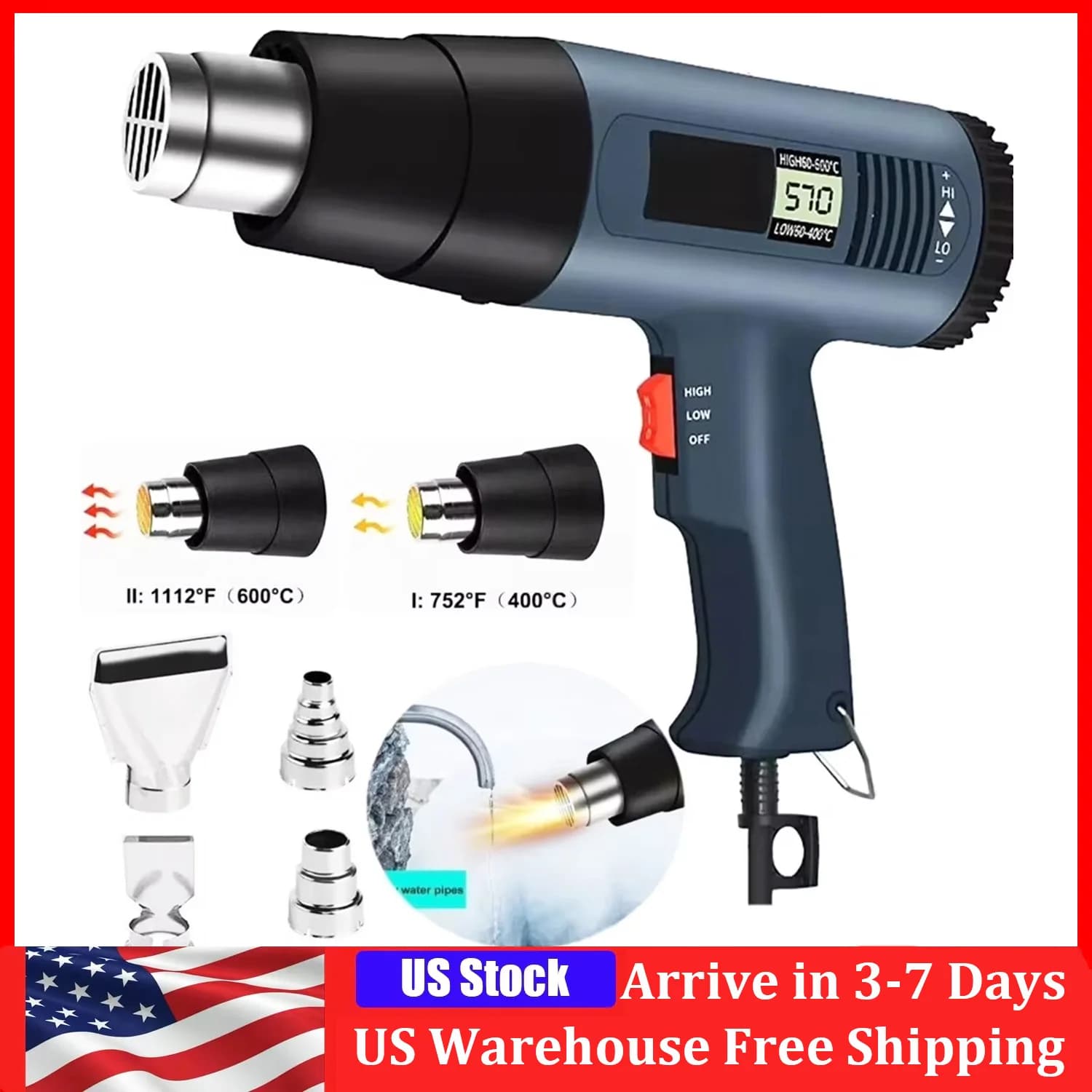 2000 W electric thermal spatter with LCD display Adjustable temperature-dryer for heat-retractable winding with heat blower for welding