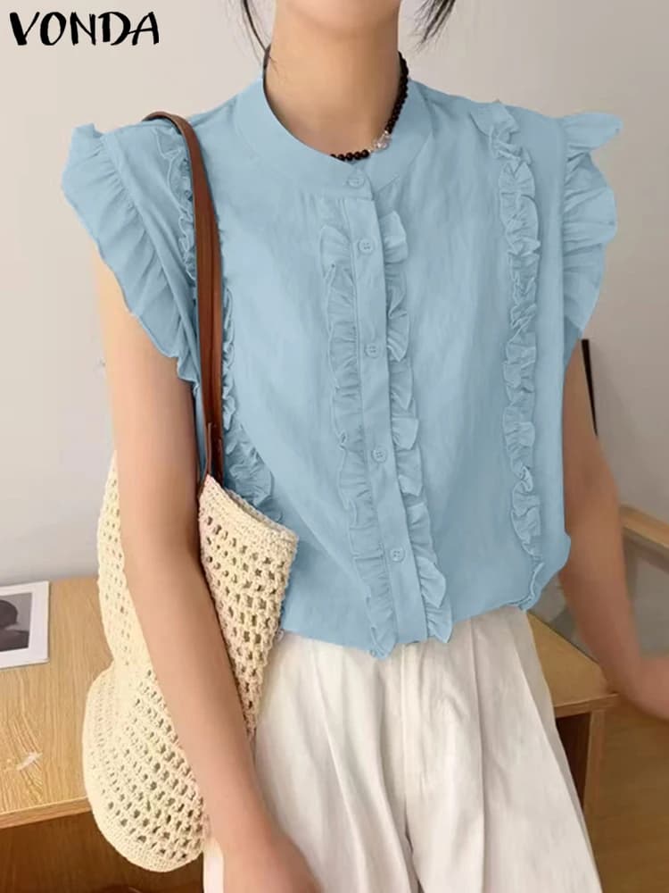 VONDA Donne di Estate Camicie Coreane Manica Corta Camicette Increspate 2025 Bottoni Moda Solido Tunica Magliette e camicette Casual Elegante Dolce Blusas