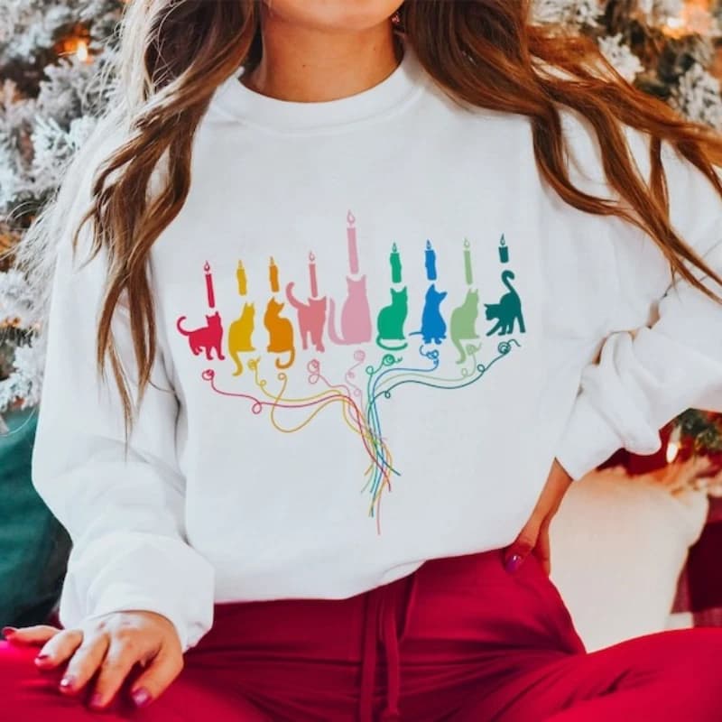 Funny Cat Menorah Hanukkah Shirt Meowzel Sweatshirt Chanukah Jewish Gift Autumn and Winter Long Sleeve Thermal Hoody Pullover