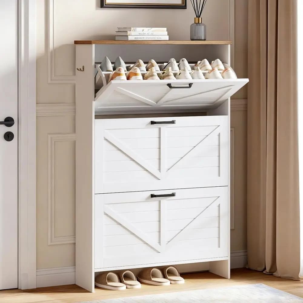 Scarpiera Ultra Sottile a 3 Ripiani con 3 Ganci, Bianco Spazzolato Rustico, Ideale per Ingresso o Corridoio