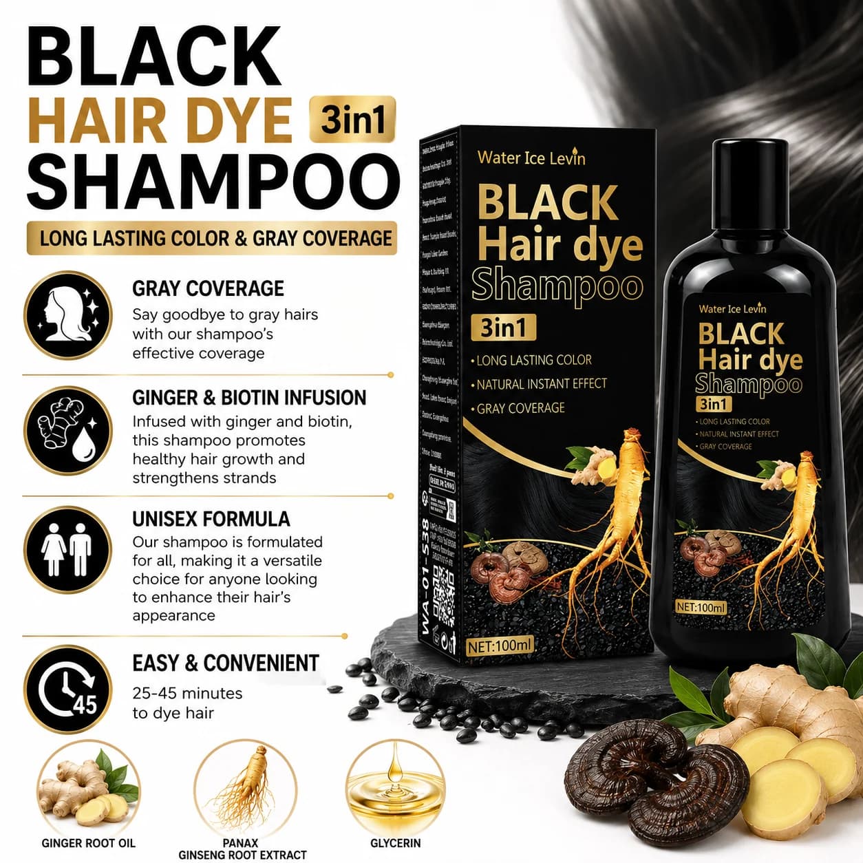Shampoo colorante per capelli neri con zenzero e biotina 3 in 1, tintura naturale rapida per capelli grigi, copertura duratura dei capelli grigi, 100ml