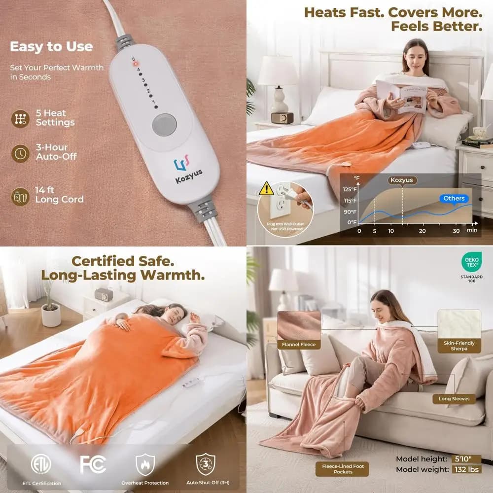 Coperta Elettrica Rosa con Tasca per Piedi e Maniche, 5 Impostazioni di Calore, Spegnimento Automatico, Lavabile, 50x70