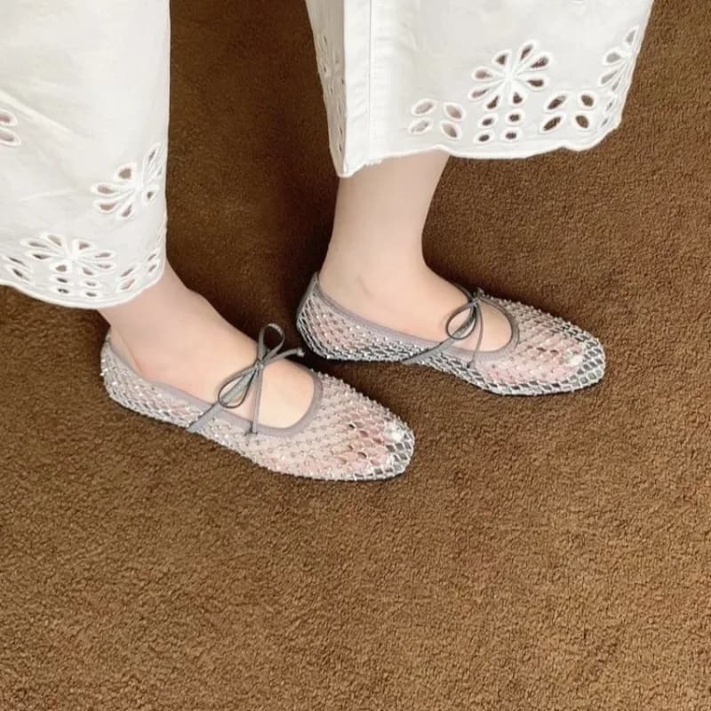 Net Surface Bow Single Shoes for Women, 2026 New Style, French Flat Strap, One-piece Strap Mary Jane Shoes