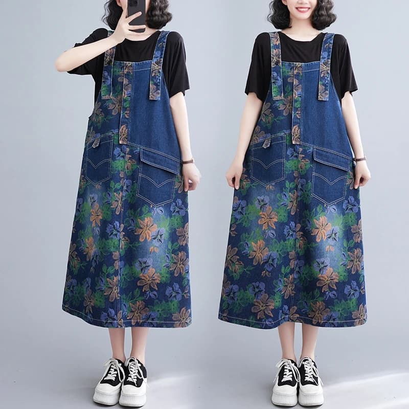 Salopette in denim taglie forti alla moda stampata a vita alta casual con gonna a trapezio in misto cotone e pelle con spacco laterale Estate 2023