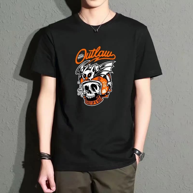 Men's Black Round-Neck Short-Sleeved T-Shirt with Skull and Bat Print, Trendy Top, Street Casual Style, Versatile, Comfortable and Breathable for Everyday Wear