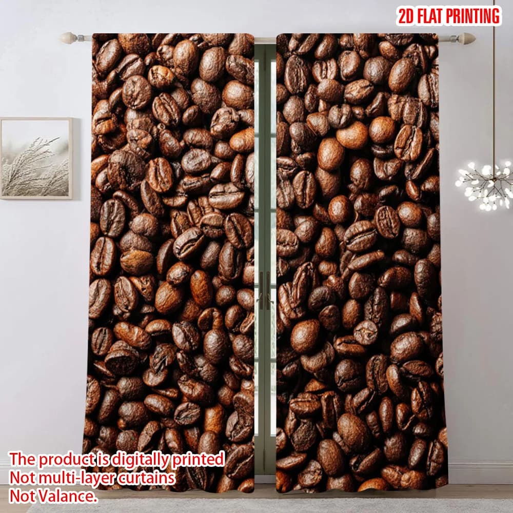 Realistic Coffee Bean Curtains, Brown Roasted Arabica Print Drapes, Cafe Kitchen Restaurant Window Treatment Decor