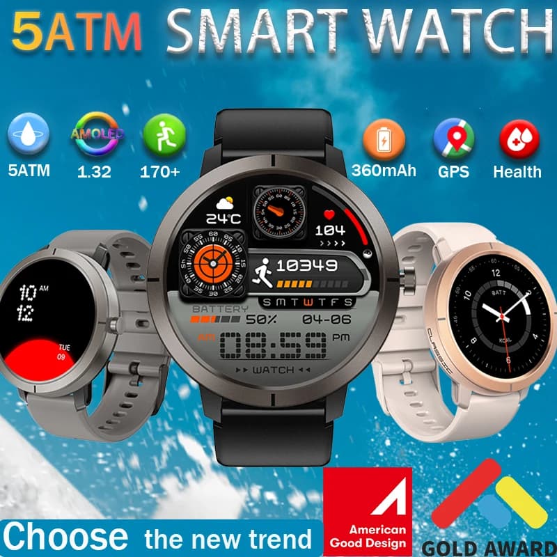 2026 GPS Smart Watch AMOLED 1.32inch BT Call 5ATM Waterproof 170 Sport Modes 360mAh Large Battery Outdoor Men Women Smart Watch