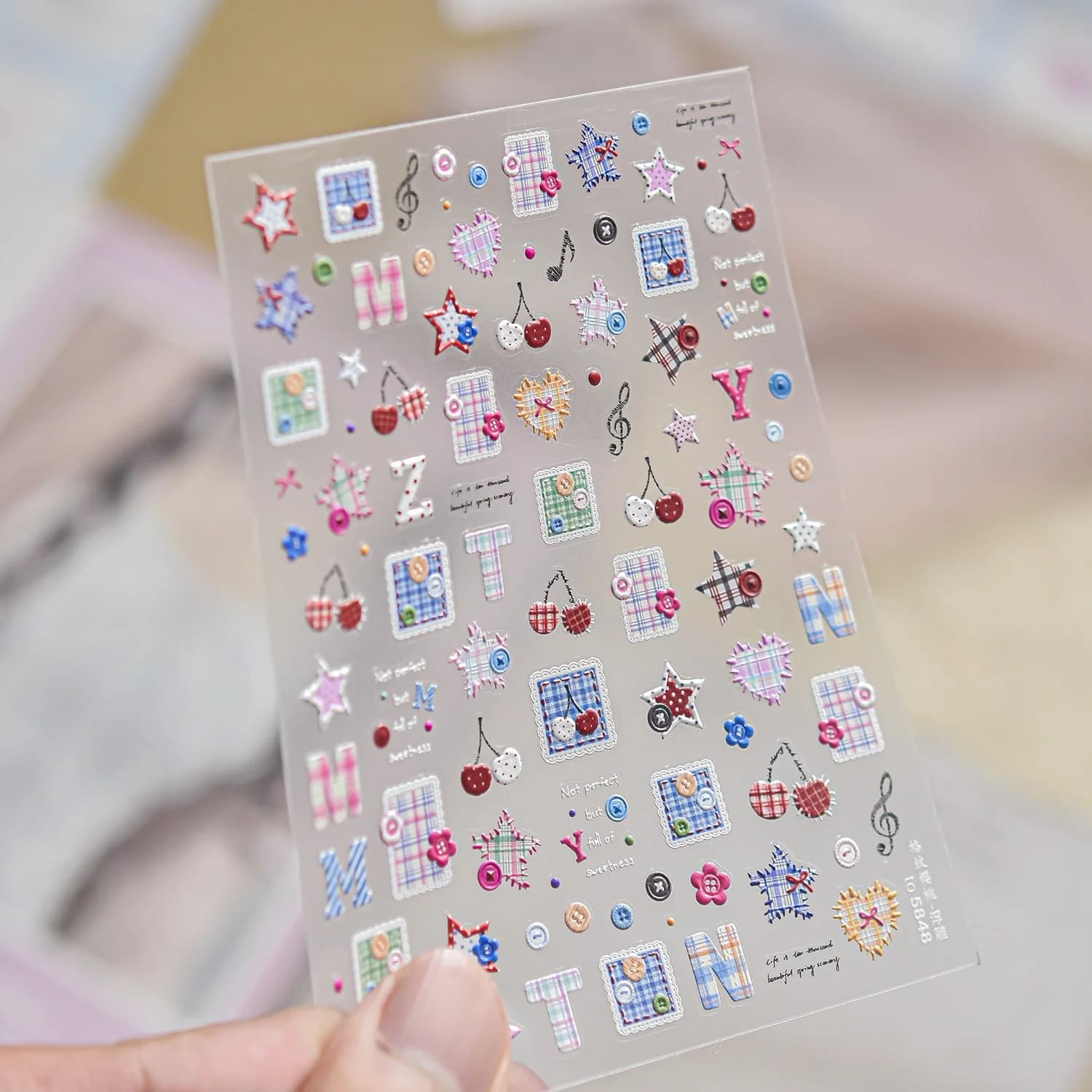 Fabric Patch 5D Nail Art Sticker Color Plaid Button Square Heart Cherry Music Note Star Decal Self Adhesive Sweet Cartoon Style