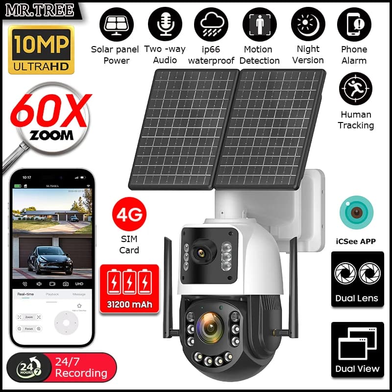 AOV Solar Security Camera in Metal 4K 4G SIM Optical Zoom 60X Human Tracking 31200 Mah 24 Hours Home External Surveillance