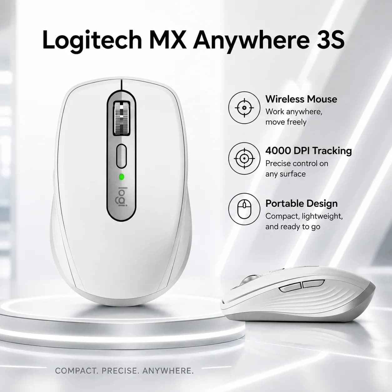 Logitech MX Anywhere 3S Wireless Bluetooth Mouse USB-C Charging 8K DPI Darkfield Silent Multi-OS for Office Travel PC Mac Laptop