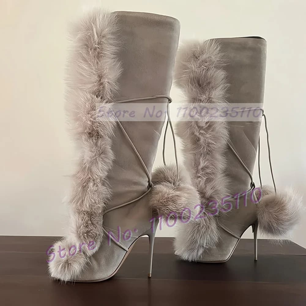 Stivali alti al ginocchio con tacco Beige Poms Donna Elegante punta a punta Scarpe in pelliccia con legatura incrociata Stivali alti in pelle scamosciata pelosa con lacci alla moda da donna