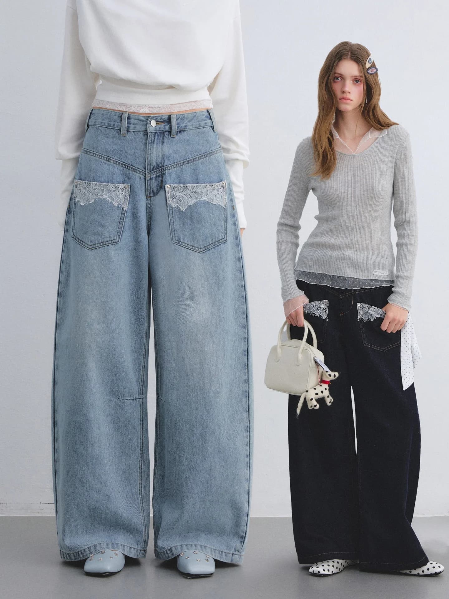 AsGony Jeans da Donna Vintage con Tasche in Pizzo Patchwork, Gamba Larga, Vita Naturale, Versatili per il Lavoro e il Tempo Libero
