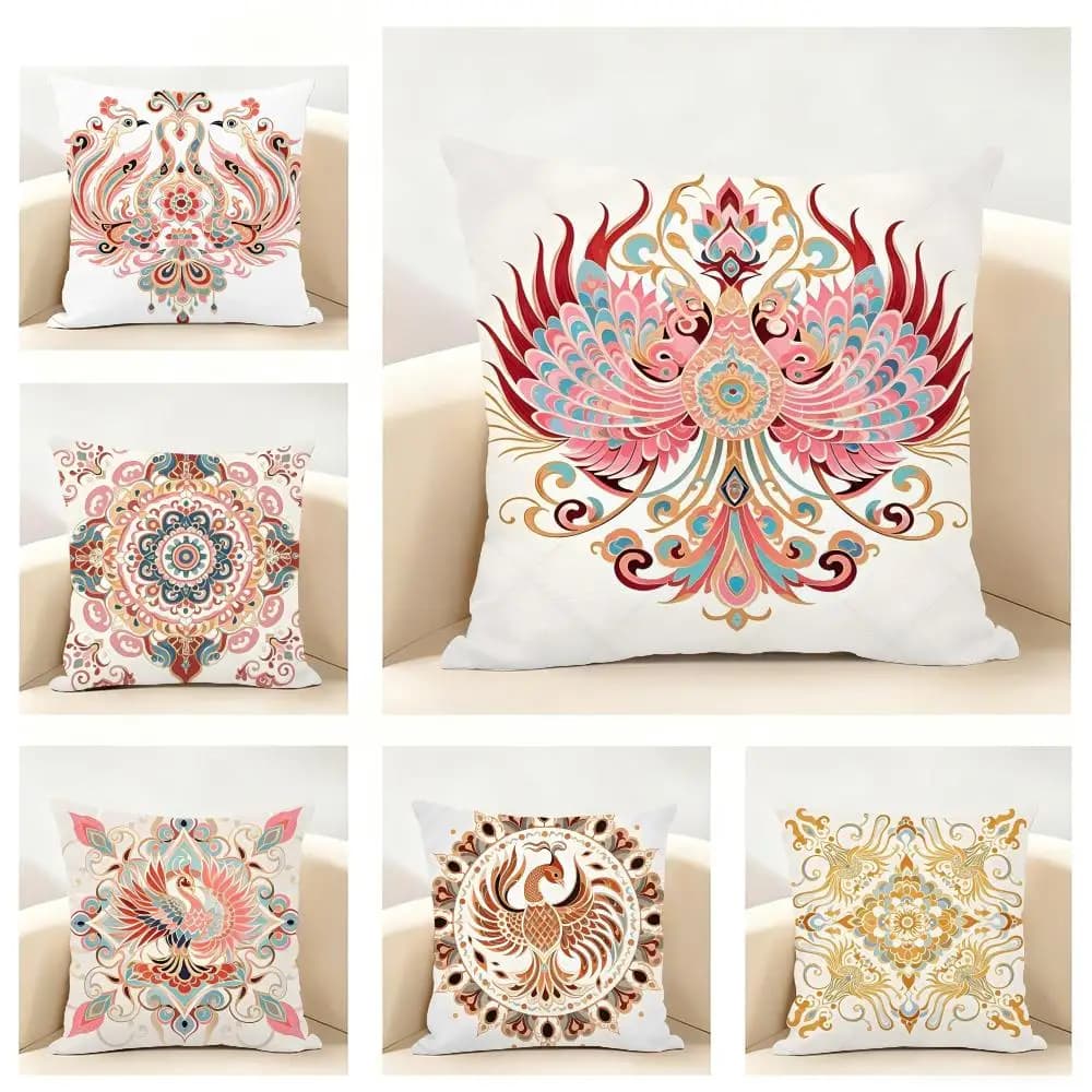 Chinese Phoenix Pattern Elegant Design Art Cushion Cover Linen Pillowcase Soft for Sofa Bed Home Room Decor