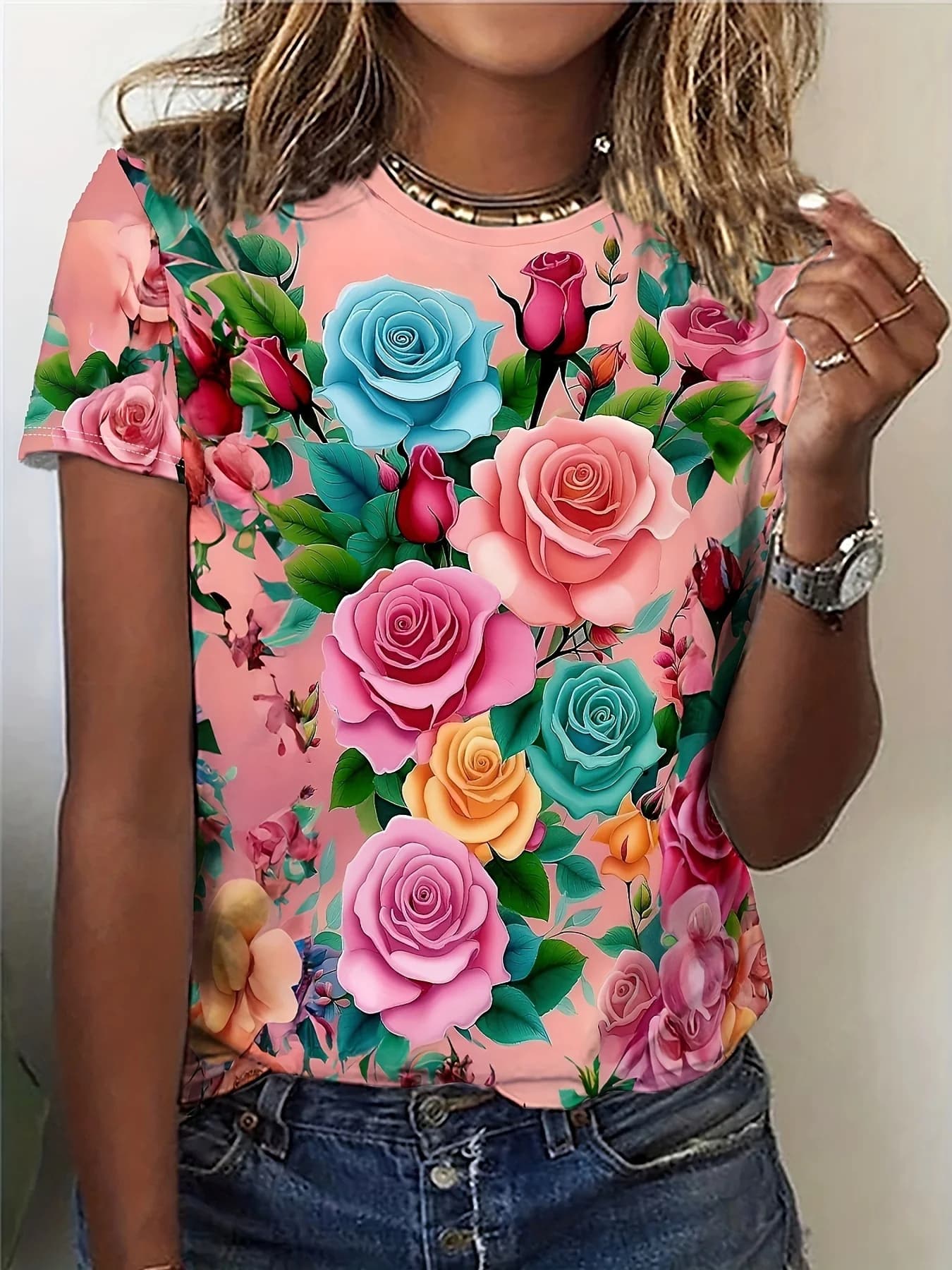 Pastel Pink Women's Tee - Vibrant Multi-Color Rose Pattern Graphic, Bold Floral Garden Design for Casual Daily Wear