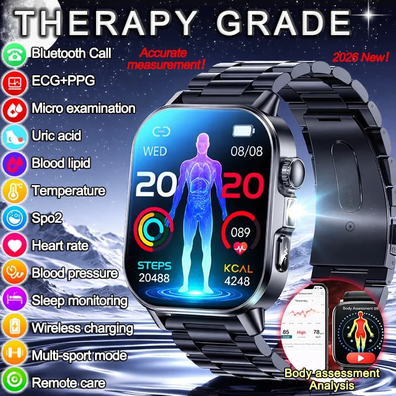 Nuovo Smartwatch 2026 con Terapia ECG+PPG, Misurazione Pressione Sanguigna, Ossigeno, Lipidi, Acido Urico, Chiamate Bluetooth, Torcia LED, Monitoraggio Salute