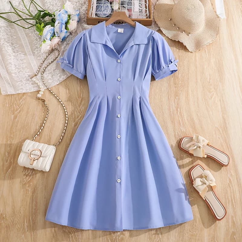 Girls 8-12 Light Blue Shirt Dress, Front Collar Puff Sleeves Button Front A-Line Skirt/Back Plain, Casual Daily Kids Dress