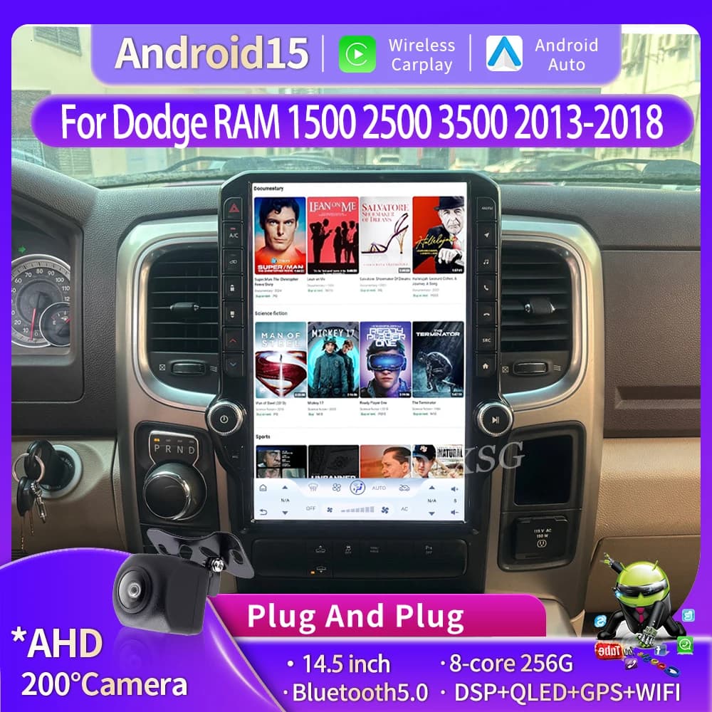 14.5 "Android15 Lettore Video Multimediale Per Auto Per Dodge RAM 1500 2500 3500 2013-2018 Tesla Stile Wireless Carplay BT Stereo 4G 360