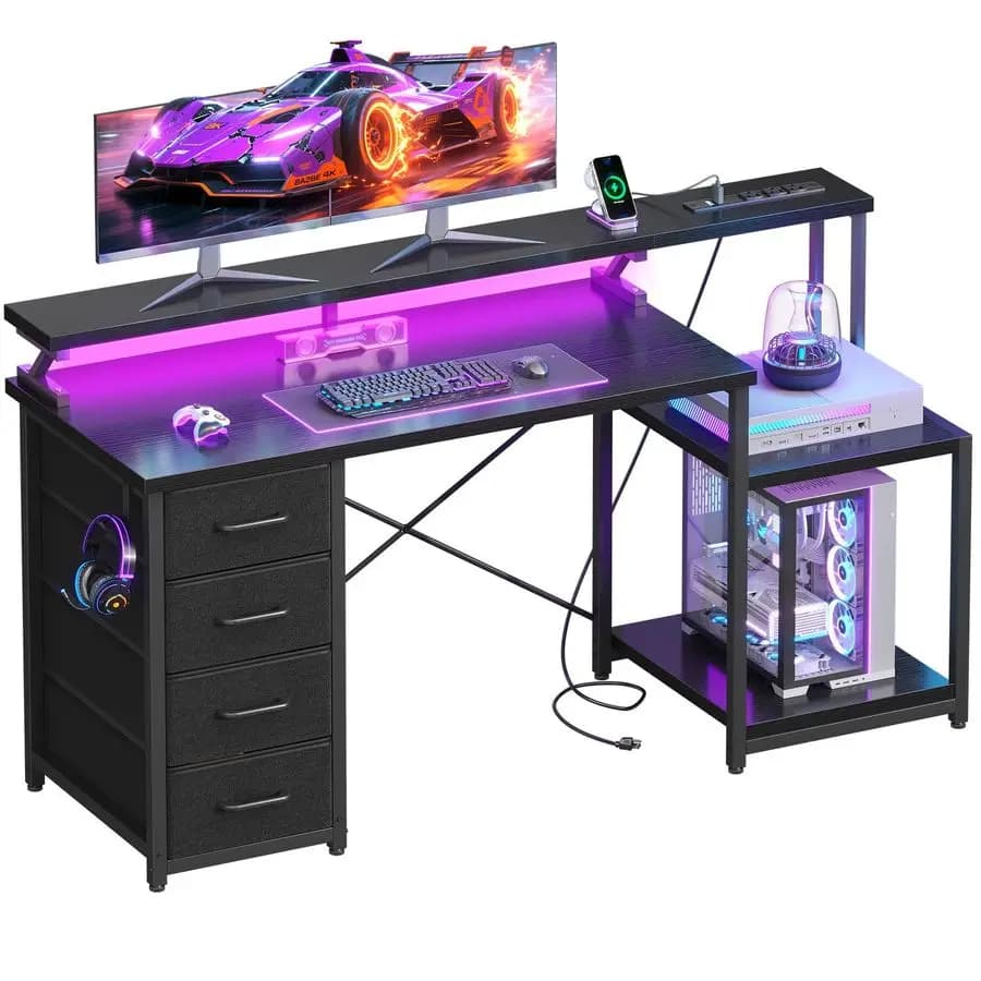 Scrivania da gaming per computer da 55 pollici con prese di corrente e 4 cassetti, scrivania per ufficio domestico con supporto per monitor e ripiani per stampante, nera