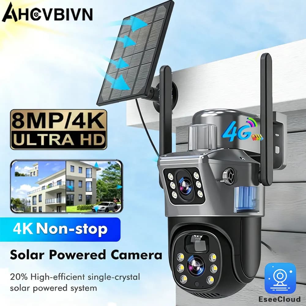 Telecamera Solare EseeCloud 4K 8MP con SIM 4G, Sicurezza Esterna, Doppia Lente, Registrazione, Tracciamento Umanoide, Visione Notturna a Colori, PTZ, Batteria Integrata