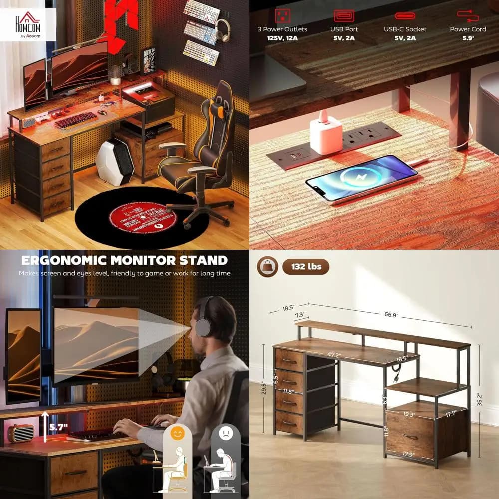 Scrivania da gioco per ufficio domestico rustico marrone 67 con schedario, cassetti in tessuto, prese di corrente, luci a LED, supporto per monitor e stampante