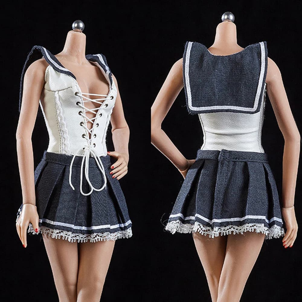 JOA-12 1/6 Scale Low Cut Bandage Sleeveless Grid Top Pleated Skirt School Uniform Set for 12'' Female Soldier Action Figure Toy