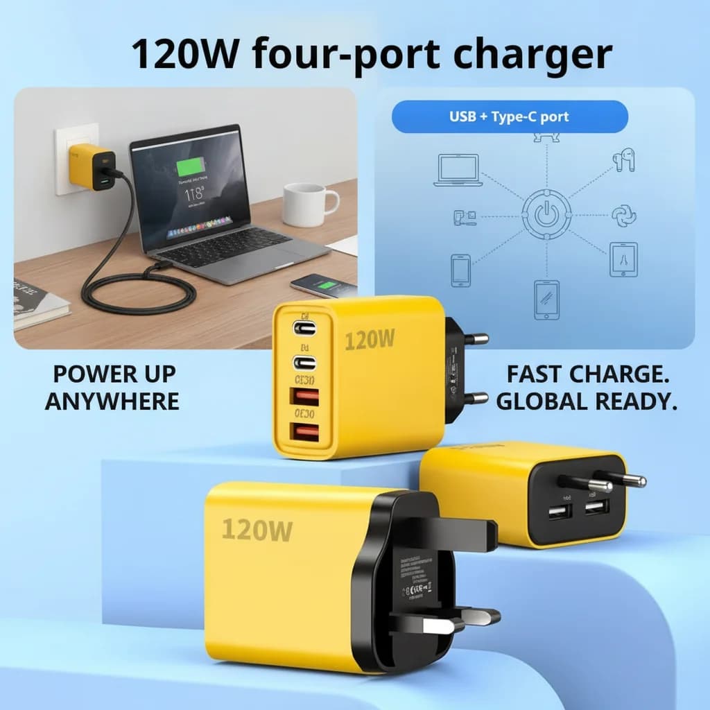 120W Multi Port Charging Head with 2 USB And 2 Type-C 5V2a PD Wall Travel Charger for Electronics