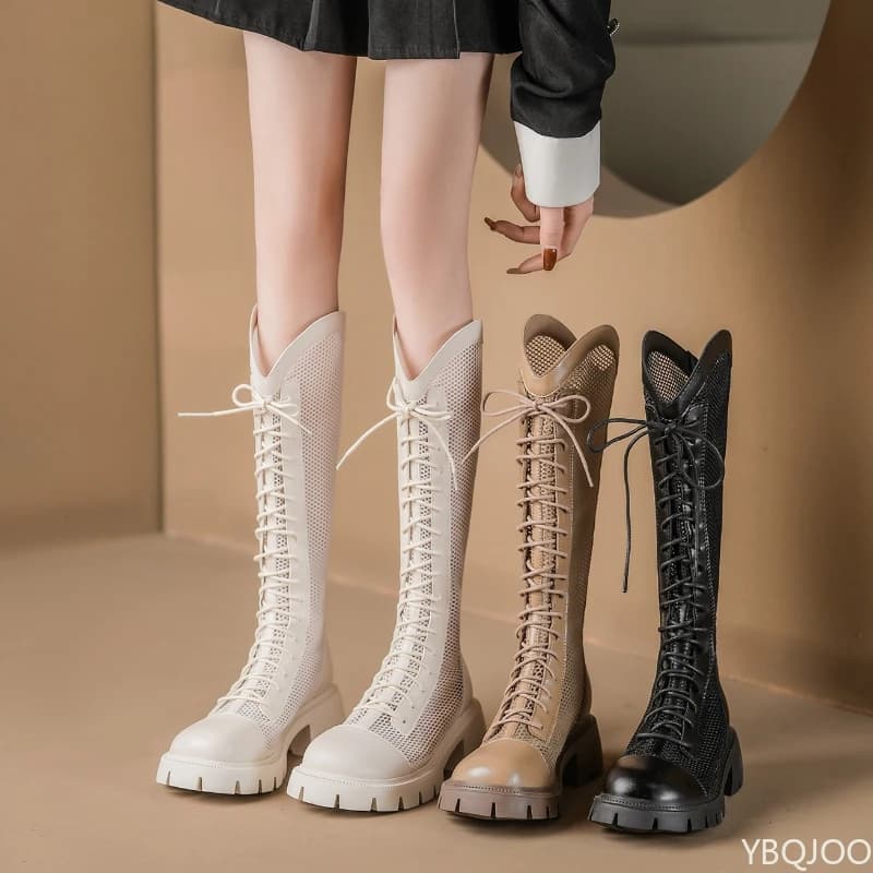 Primavera estate nuovi stivali traspiranti con suola spessa stringati stivali da donna versatili alla moda eleganti semplici scarpe da donna scavate