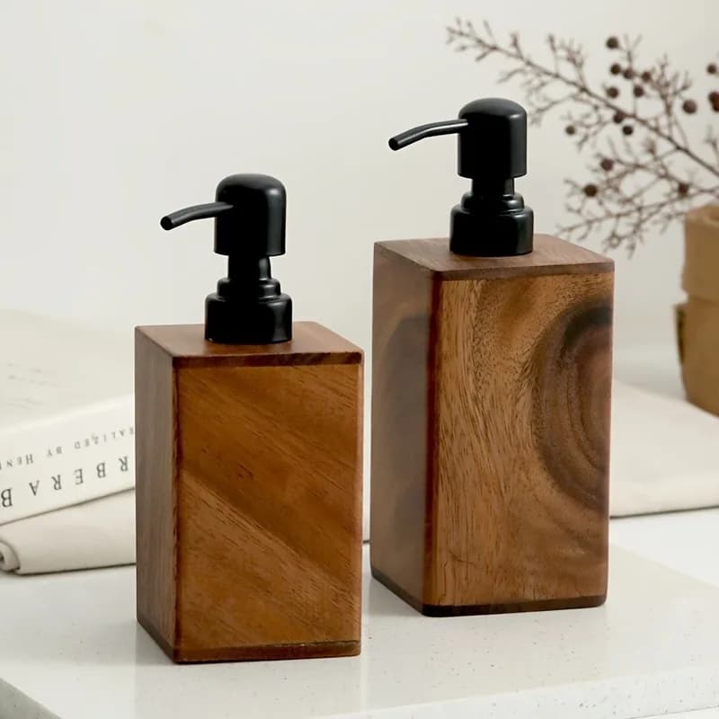 Dispenser di Sapone in Legno con Pompa Nera, Struttura in Legno Massello, Ricaricabile per Bagno e Cucina