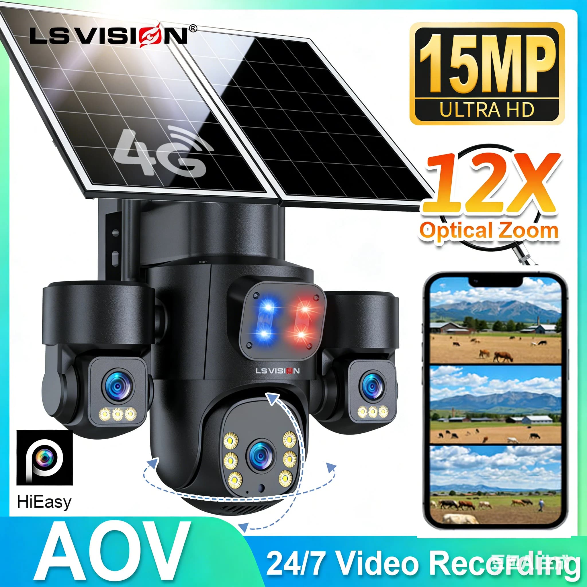 LS VISION AOV Telecamera solare a 3 schermi Zoom ottico 12X Esterno 4G 24/7 Registrazione video Telecamere CCTV Batteria ad energia solare PTZ Len
