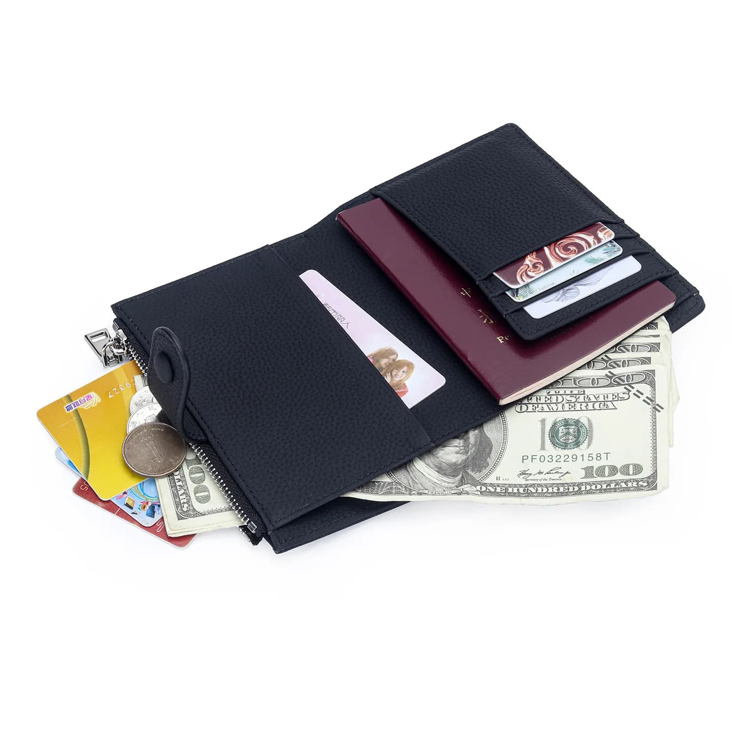 Leather Wallet Snap Fastener Passport Holders with Zipper Compartment Multi Card Slots Passport Cover Coin Cash Storage Purse