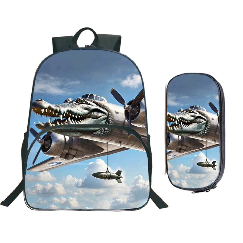 2pcs Italian Brainrot Bombardino Crocodilo Backpack Students Cartoon School Bags Boys Girls Zipper Bookbag Pencil Case Mochila