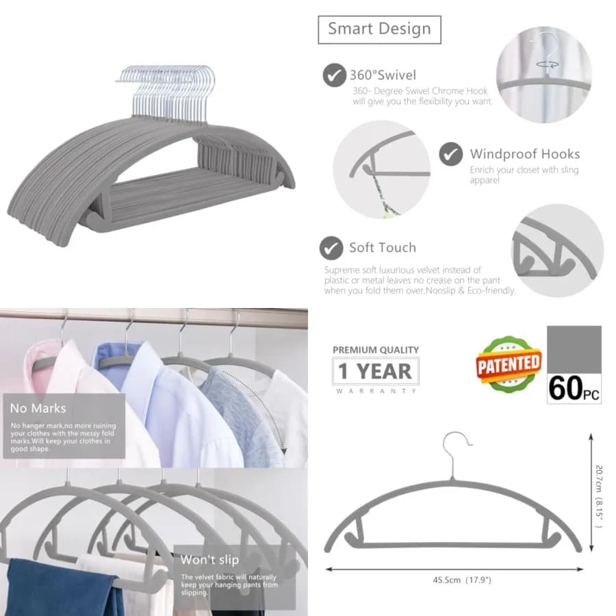 Appendiabiti in Velluto Premium Rinforzati - Antiscivolo, Senza Riflessi sulle Spalle, Ganci Cromati, Salvaspazio, Forma Arrotondata per Abiti