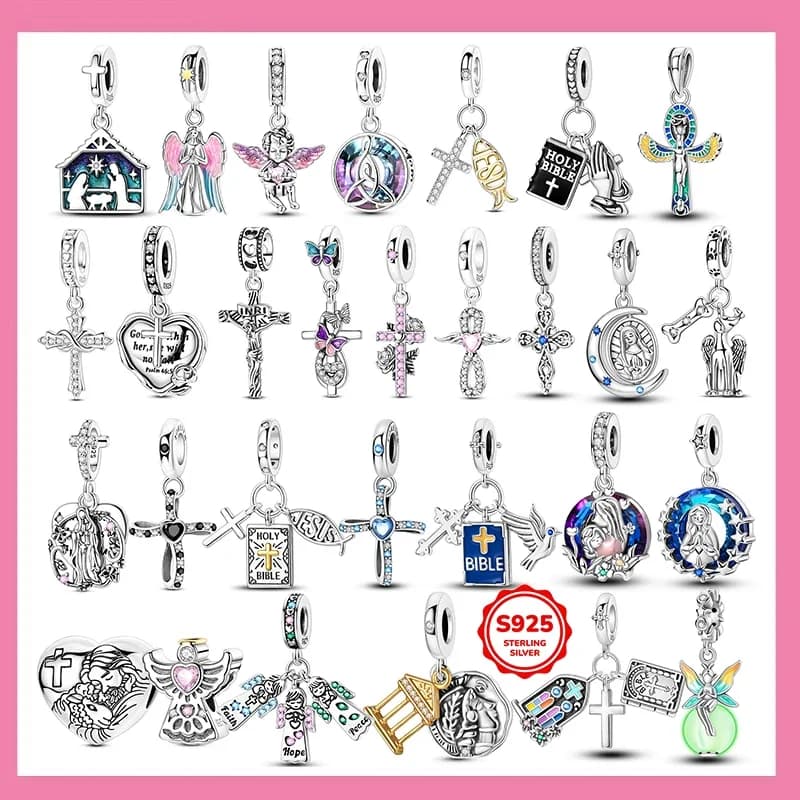 Nuovo Charm Originale in Argento Sterling 925, Ciondolo a Croce con Motivi Biblici e Religiosi, Adatto per Bracciali Originali, Regalo Fai-da-Te per Donne