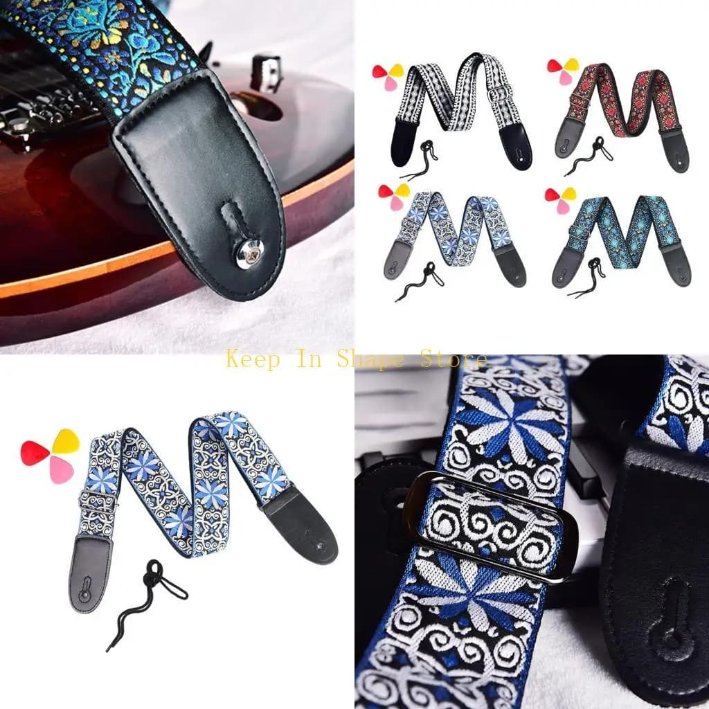 U1JC PU Leather Ends Guitar Bass Shoulder Strap with a Pick Holders for Guitar Adjustable Length Soft Cotton Guitar Strap