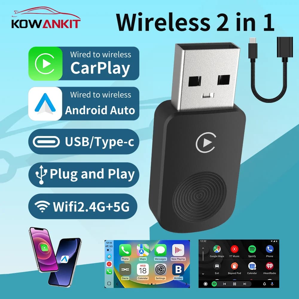 KowanKit Adapter CarPlay Wireless Android Auto Smart 2 in 1 AI Mini Box Plug & Play Dongle for Universal Car USB 2026 New