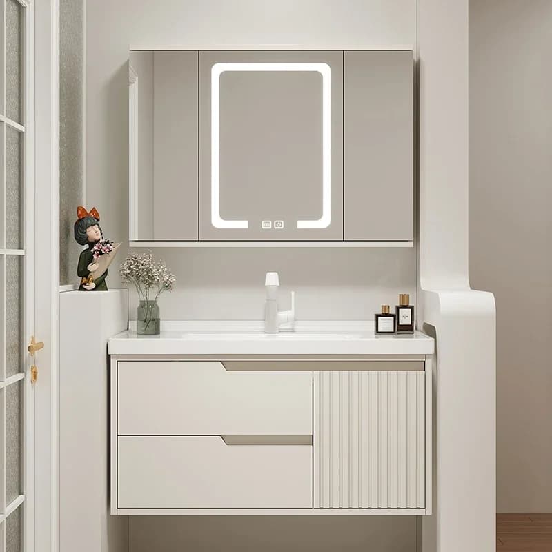 Mobile bagno di lusso in rovere con specchio, lavabo in ceramica, cassetto illuminato e mobiletto a parete per stoccaggio e decorazione