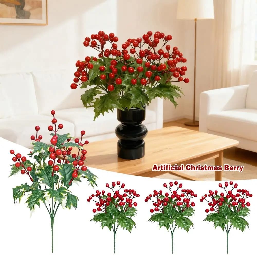 7 Rami Bacche di Natale artificiali Bacche rosse Foglie di agrifoglio verde Pianta artificiale Oranment da tavolo Puntelli per foto