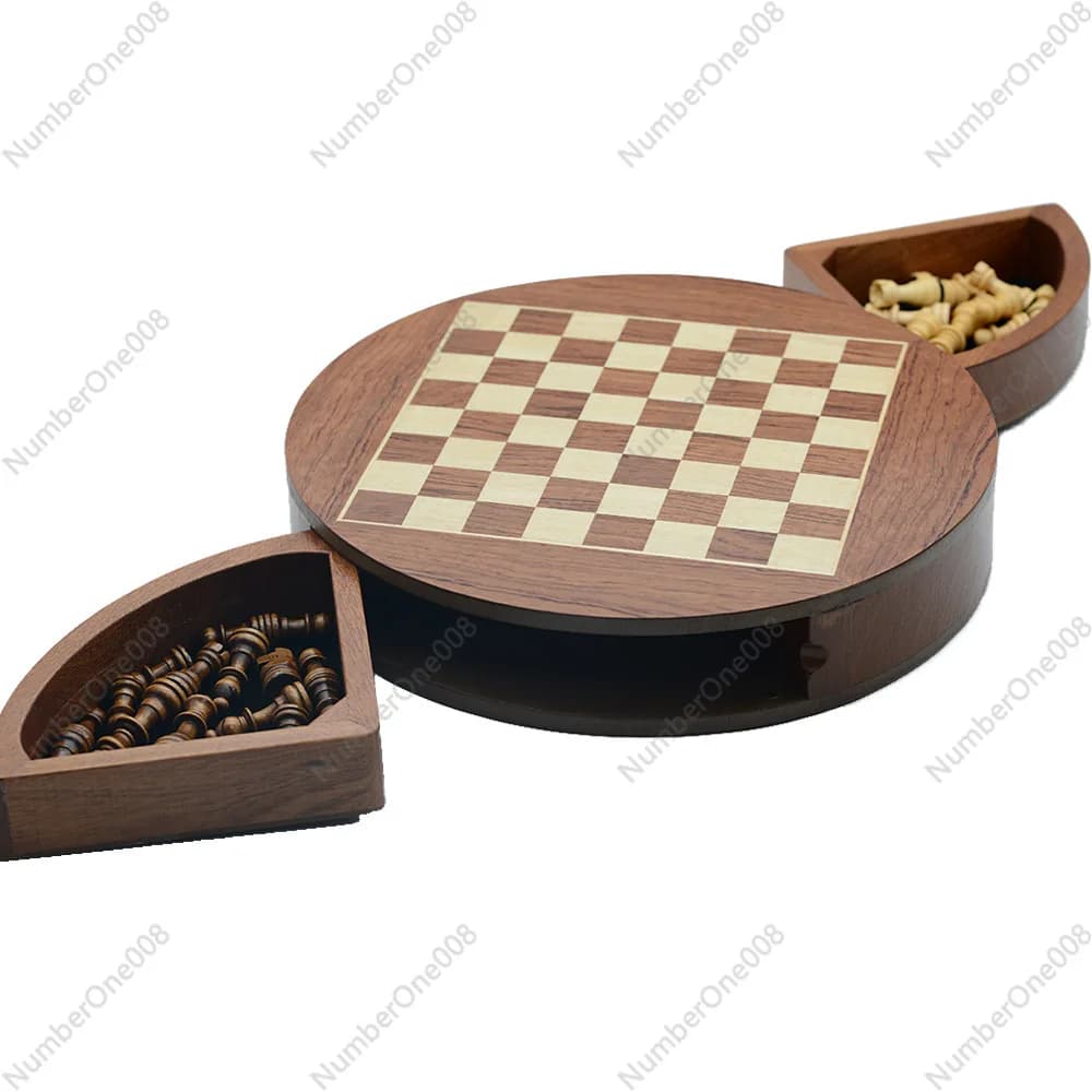 Set di Scacchi Magnetico Rotante, Scacchiera Rotonda in Legno con Cassetto Girevole, 32 Pezzi Magnetici, Gioco da Viaggio