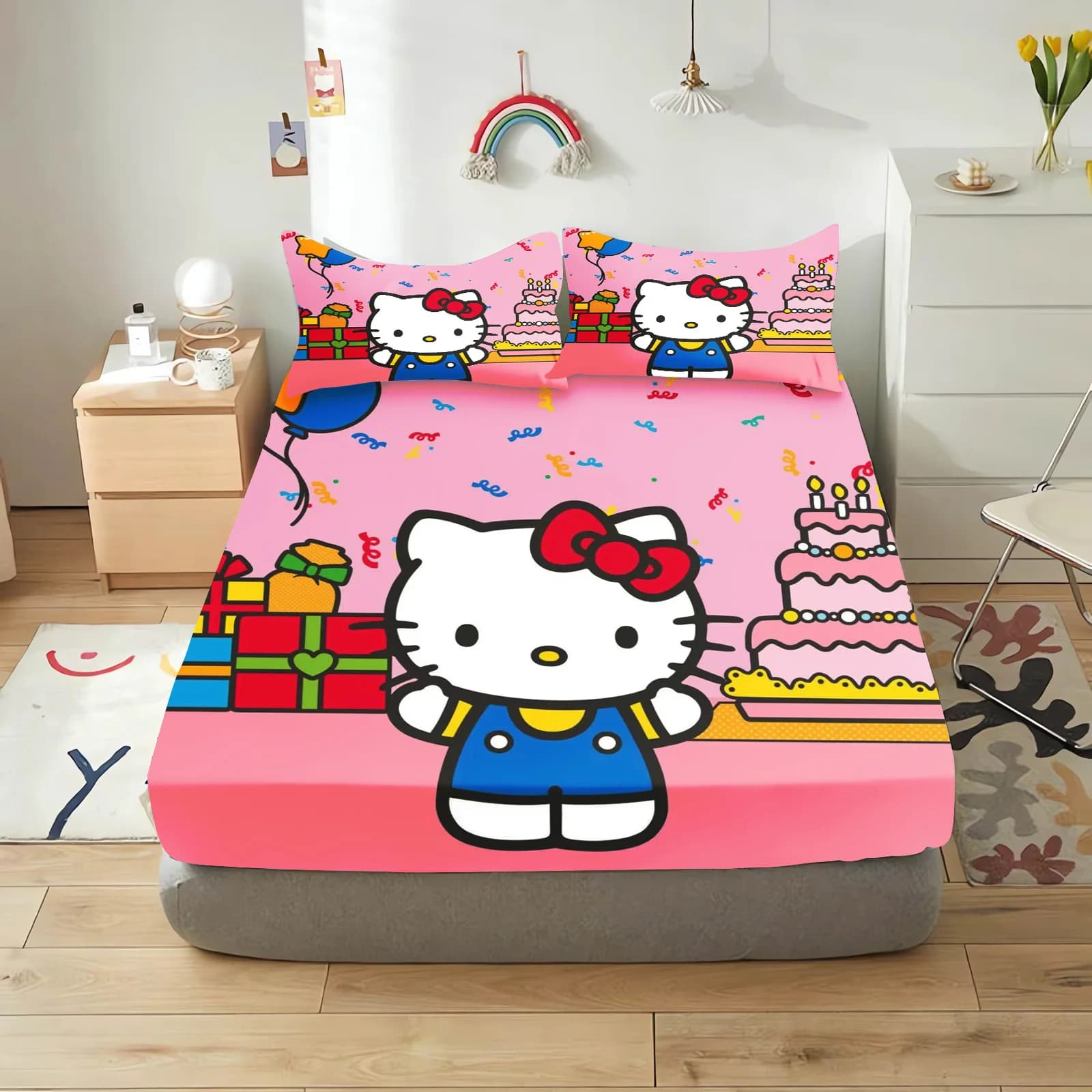 Set di Lenzuola Hello Kitty Happy New Year 3 Pezzi, Stampa 3D Cartoon, Lenzuolo e Federe per Camere da Letto di Bambine, Decorazione per la Camera