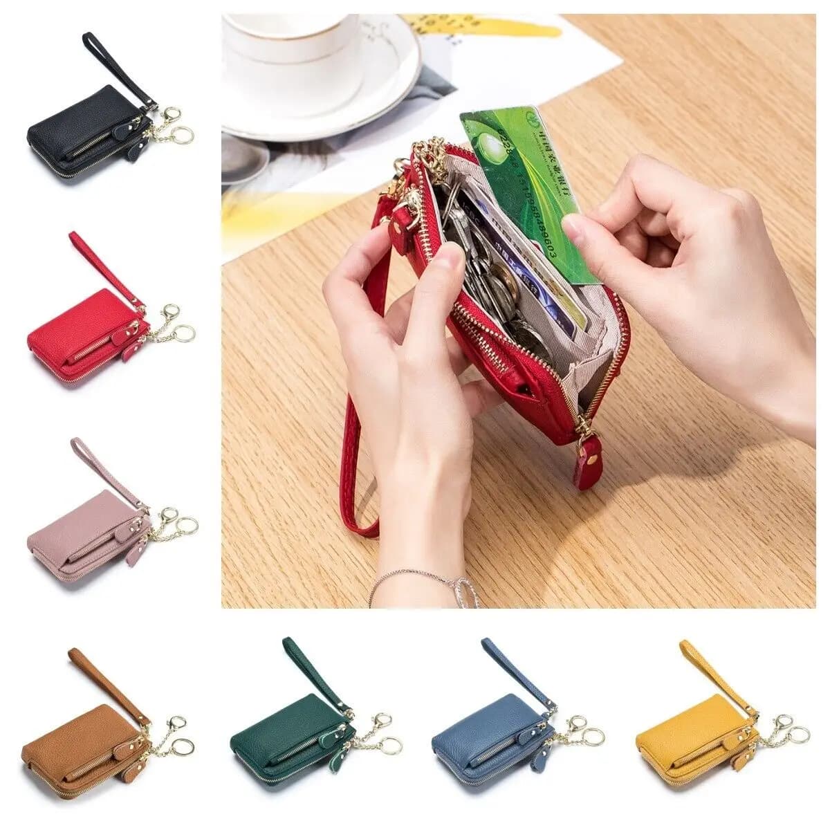 Portamonete da donna in vera pelle con cerniera, mini portafoglio con blocco RFID con slot per carte di credito, cerniera con portachiavi da polso