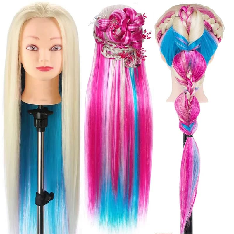 Testa di manichino per capelli sintetici colorati con supporto a morsetto gratuito e strumenti Testa di bambola per cosmetologia manichino da allenamento per lo styling dei capelli da 65 cm