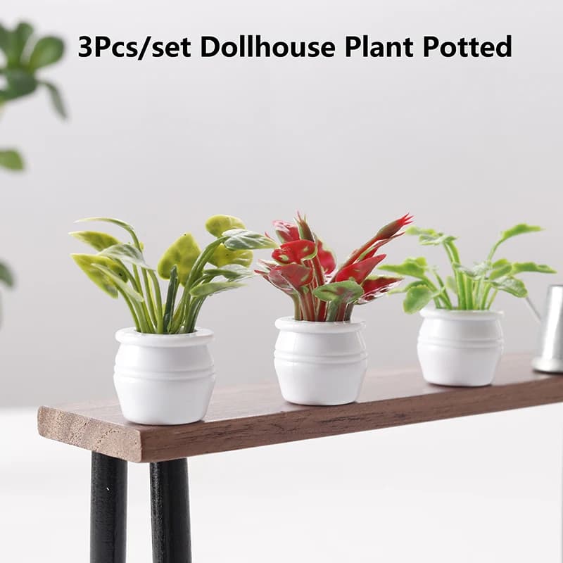 Set of 3 Plant Models in Miniature Vase 1:12 for Doll House, Decoration for Micro Landscapes and Gardens