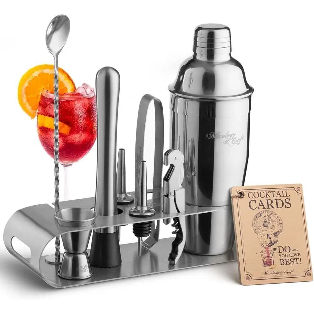 Set da Cocktail in Acciaio Inox 9 Pezzi con Supporto e Carte Ricette - Kit Completo per Barman