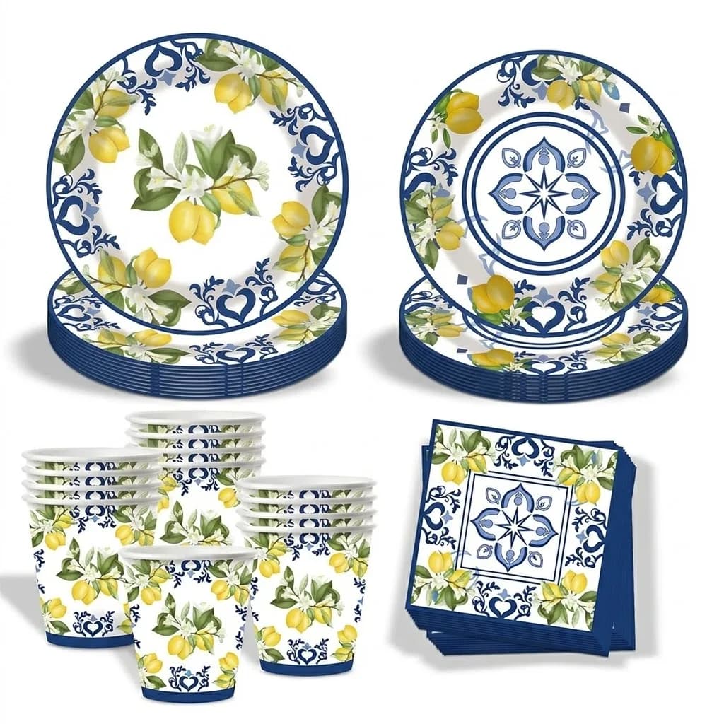 Set di Stoviglie Mediterranee Amalfi Lemon Floral Blu e Bianco, Piatti di Carta, Tazze, Tovaglioli per Feste Estive, Compleanni, Matrimoni