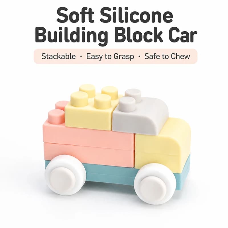 Giocattolo Educativo Montessori per Neonati, Auto in Silicone, Massaggiagengive per Bambini 0-12 Mesi, Blocchi di Costruzione in Silicone