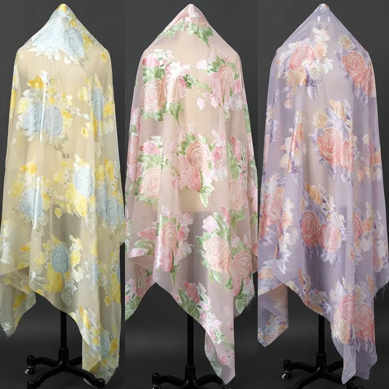 Tessuto da cucito in chiffon jacquard peonia ricamato taglio abito estivo camicetta materiale fai da te tessuto traspirante estetico orientale
