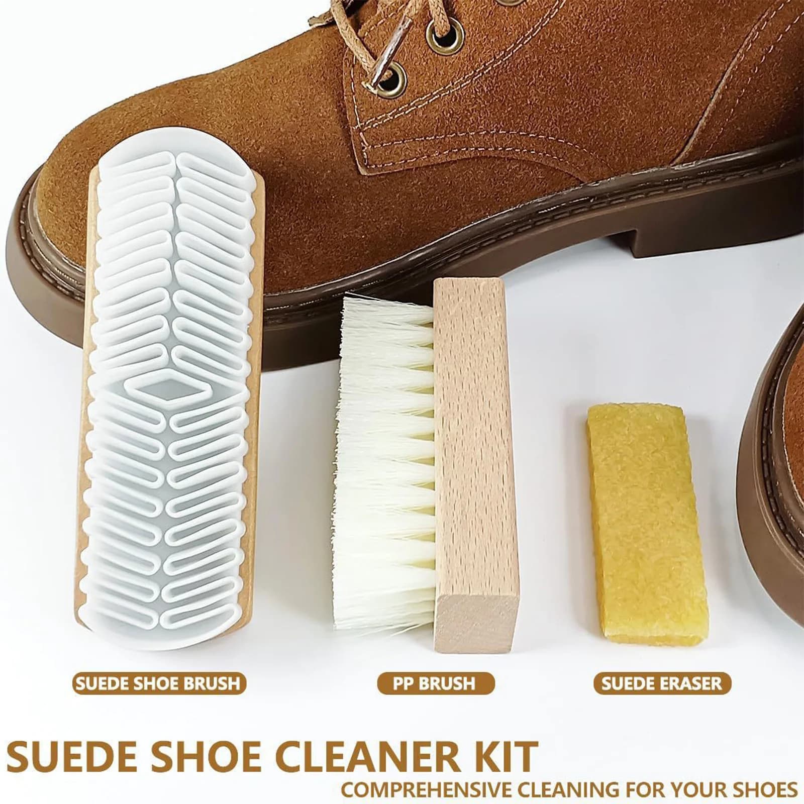 Set di 3 spazzole per scarpe in pelle scamosciata con testa di pulizia in gomma morbida ed elastica, manico in legno, strumenti per la rimozione della polvere per scarpe in pelle scamosciata, uso domestico