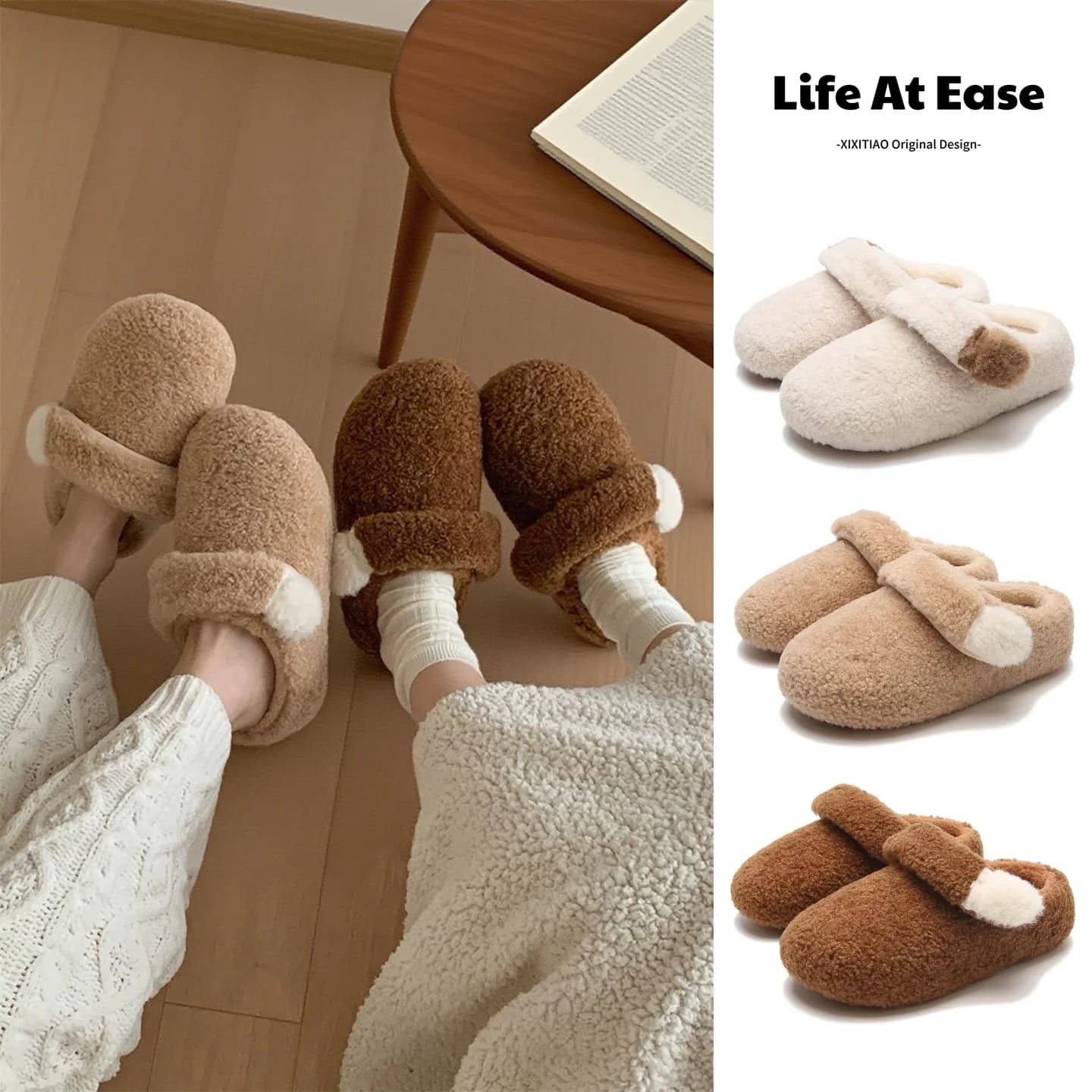 Pantofole da casa calde da donna, casual, per esterni, in pelliccia, antiscivolo, con zampa, in cotone, stile coreano