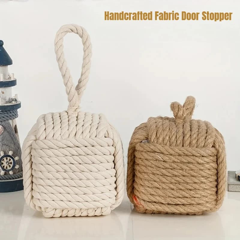 Fermaporta in tessuto realizzato a mano | Design in tessuto di corda bicolore, forme quadrate e palline con manici, arredamento versatile per la casa e l'ufficio